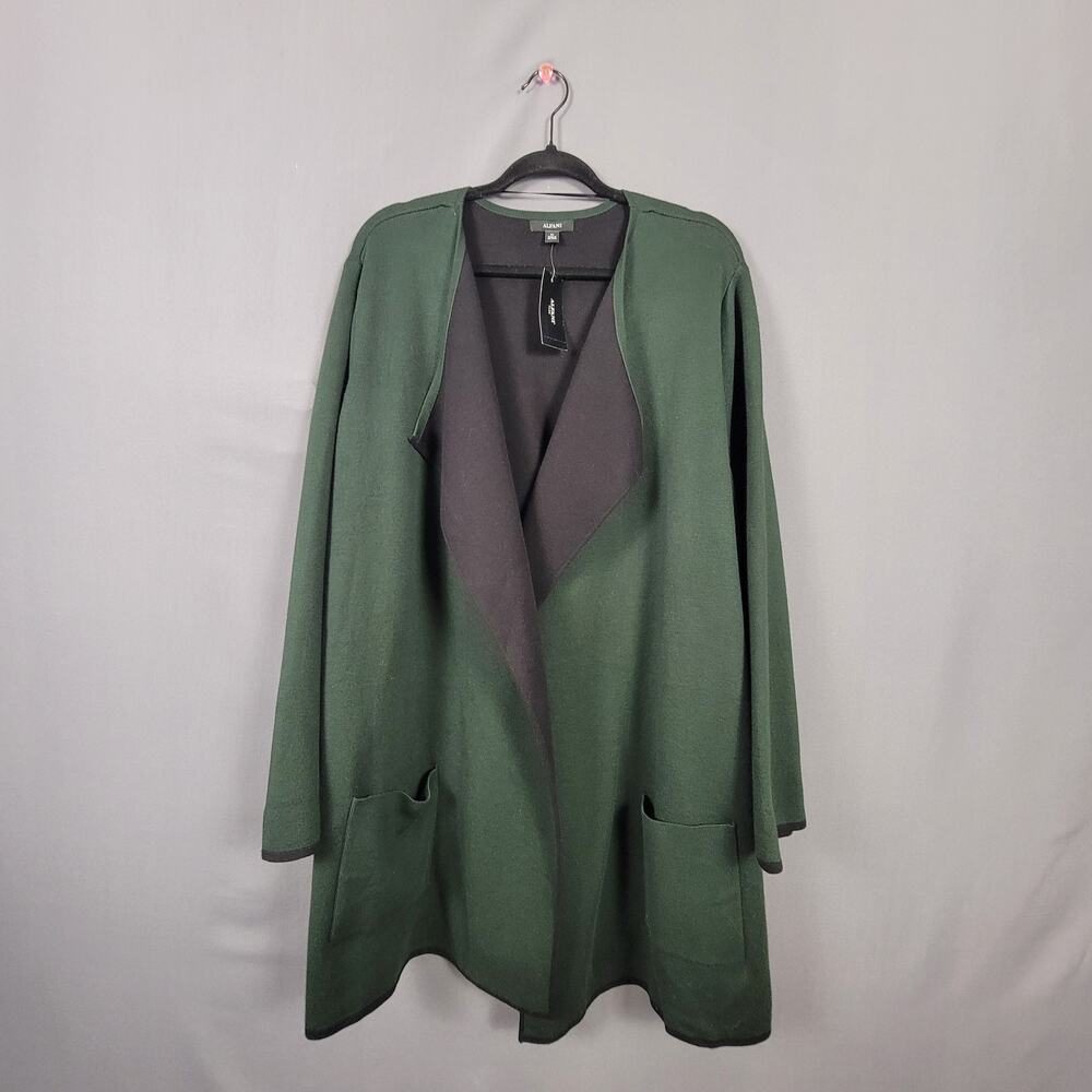Alfani Open Front Longline Cardigan Green Black Knit Pockets Core Layer